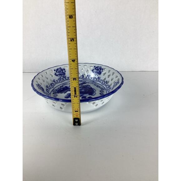 Blue White Rose Dish Open Lattice Ceramic Candy Dish Porcelain 6.5” - Picture 3 of 5